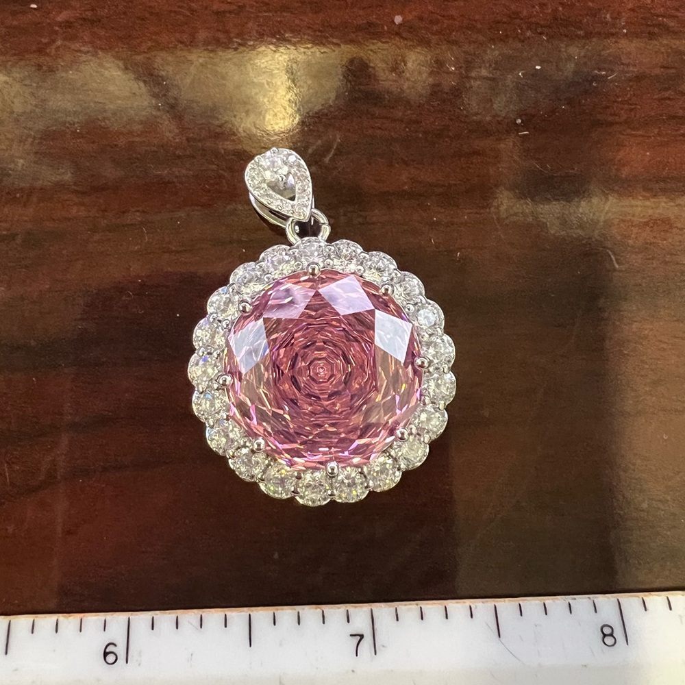 GORGEOUS Giant Pink Rose-Cut CZ & Moissanite Halo-Style Pendant 17 ctw 20” - Picture 10 of 13